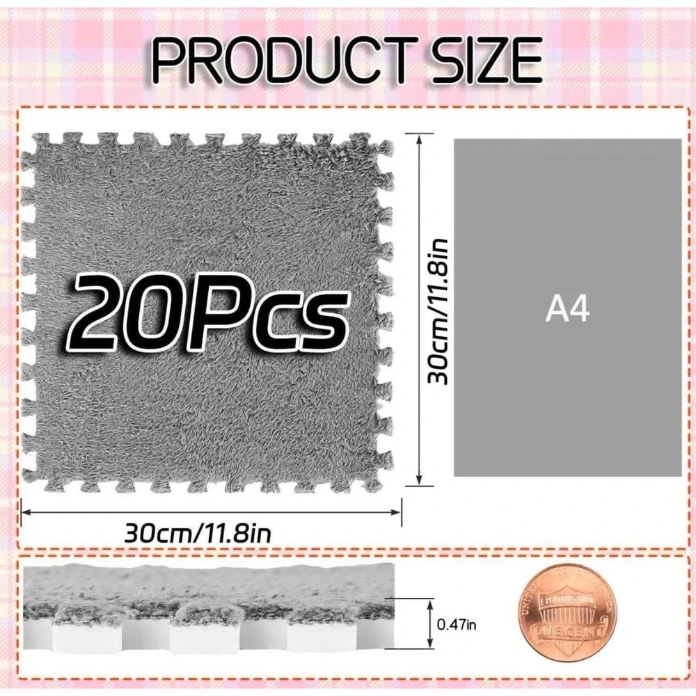 20pcs Plush Puzzle Foam Floormat 11.8x11.8‎ Soft Interlocking Carpet Tiles